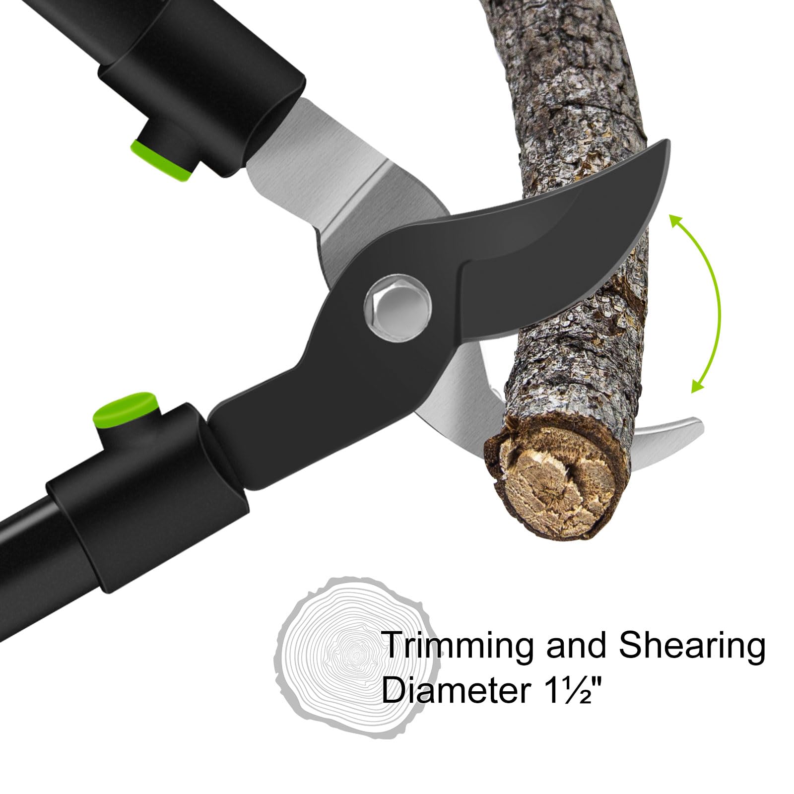Twocorn branch-cutting capacity up to 1.5 inches for trimming and shaping branches.