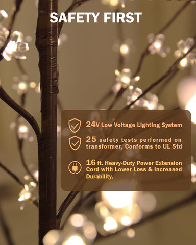 TYBEEU 24V transformer powers a dimmable indoor-outdoor cherry blossom tree.