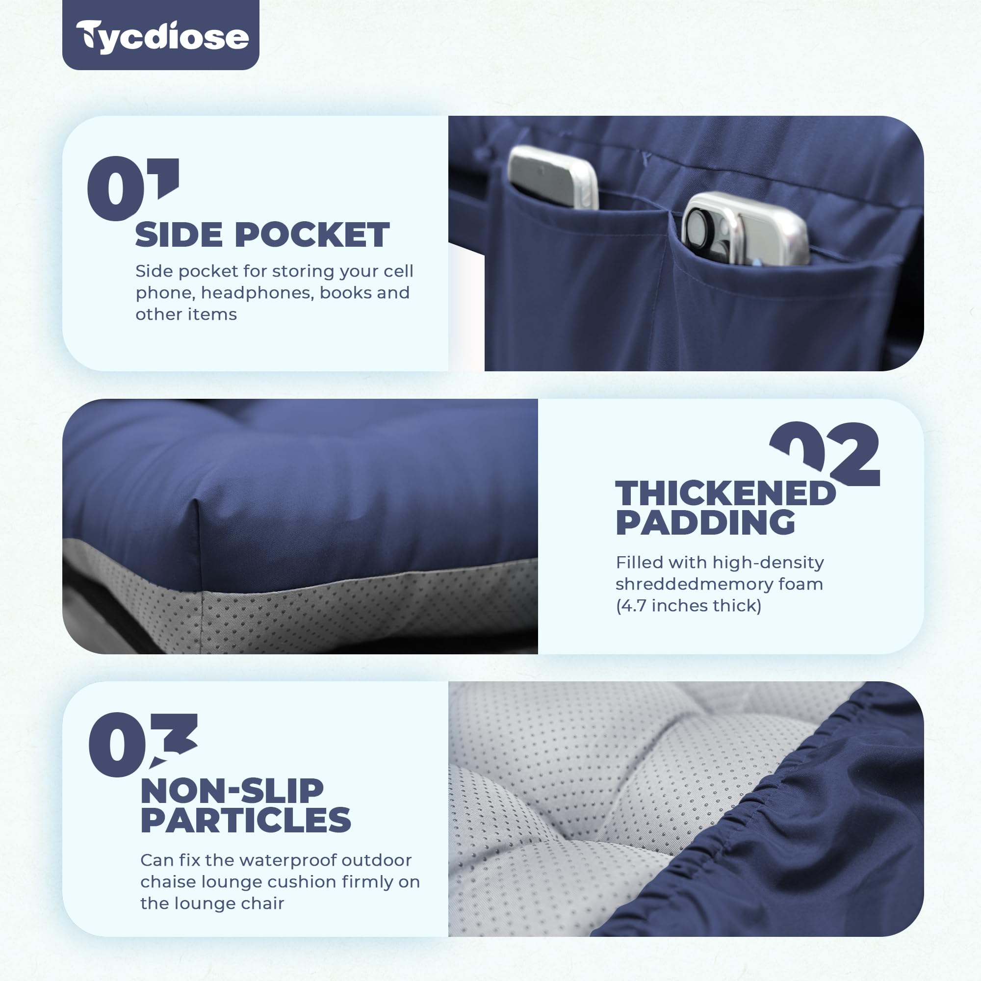 Tycdiose memory shredded foam fill provides even support for extended outdoor seating.