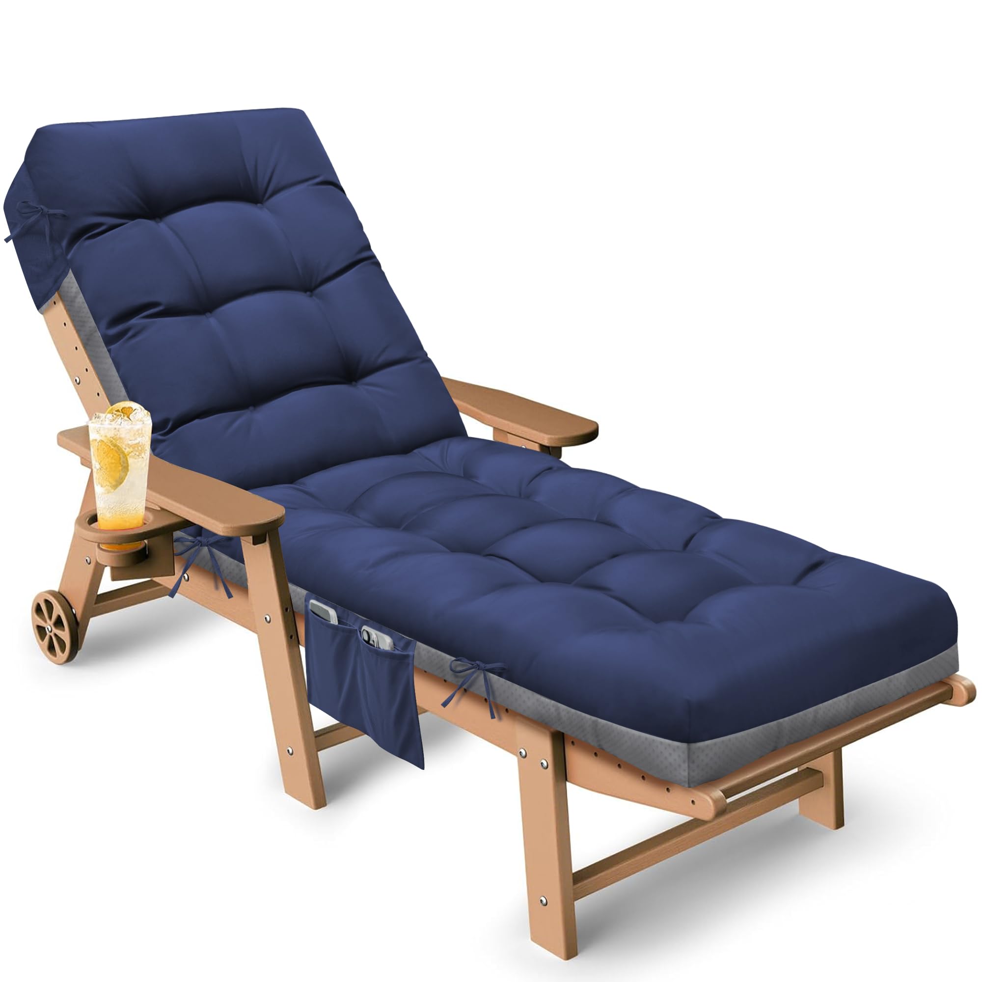 Tycdiose blue outdoor lounge cushion on a chair offers all-weather comfort and quick-dry performance.