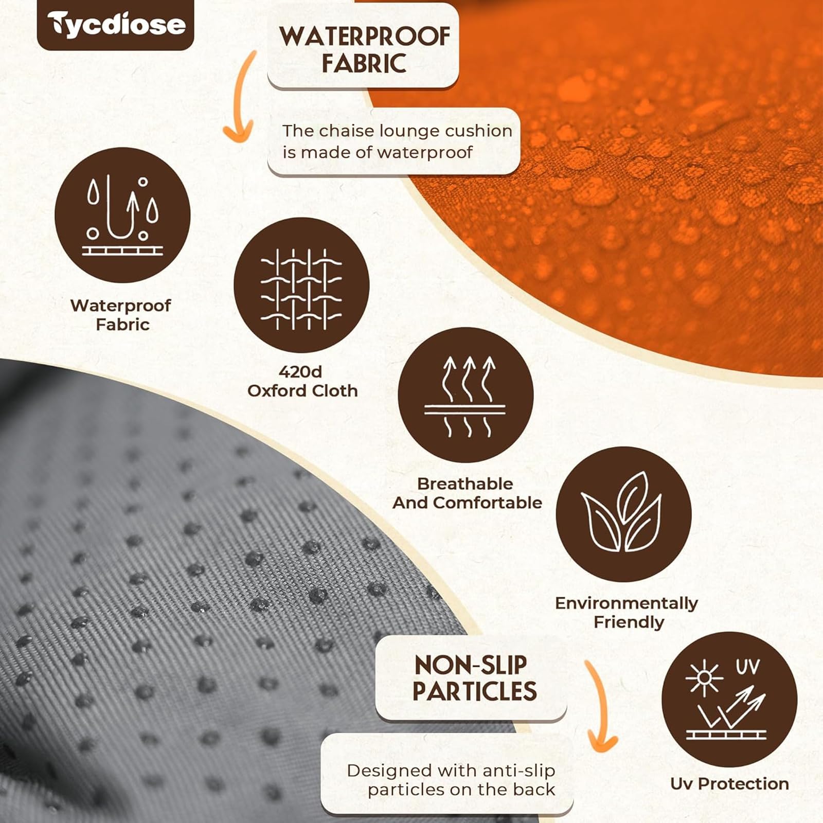 Tycdiose cushion fabric close-up demonstrates waterproof and UV-resistant material
