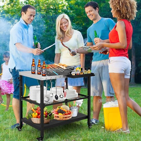 Tyfnry Grill Cart with adjustable mesh partition for flexible storage.