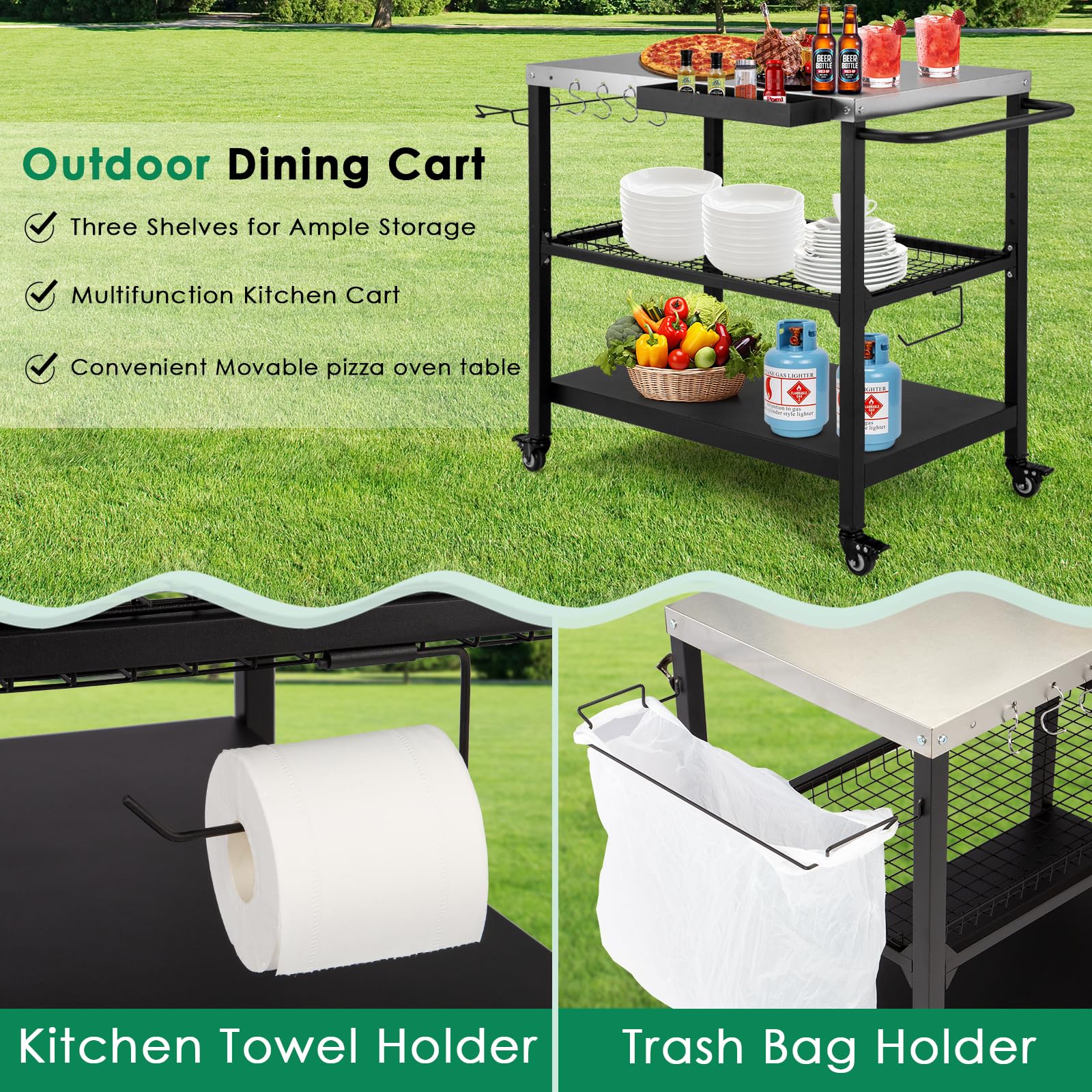 Tyfnry Cart with hooks for utensils and towels during grilling.