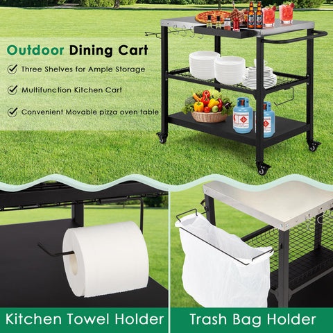 Tyfnry Cart with hooks for utensils and towels during grilling.