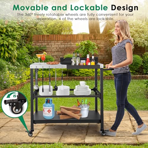 Tyfnry Outdoor Grill Cart showing lockable wheels for stable setup.