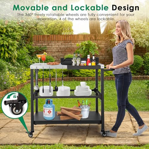 Tyfnry Outdoor Grill Cart showing lockable wheels for stable setup.