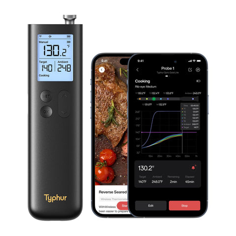 Typhur Sync Gold wireless thermometer base with probes for easy setup and monitoring.