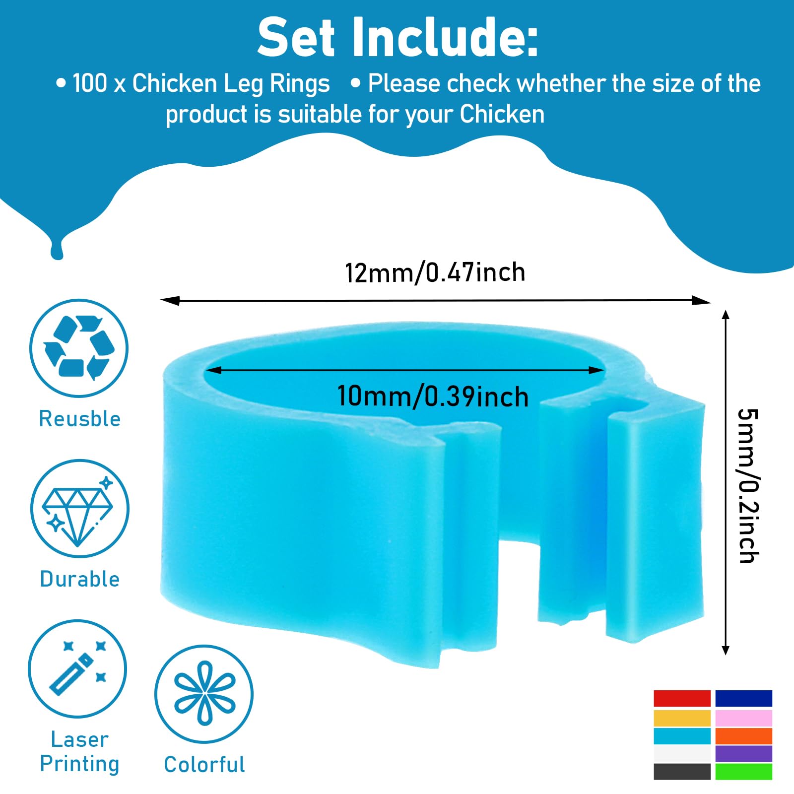 Tyqour colorful poultry leg rings in 10 colors for easy bird visibility.