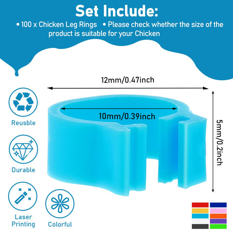 Tyqour colorful poultry leg rings in 10 colors for easy bird visibility.
