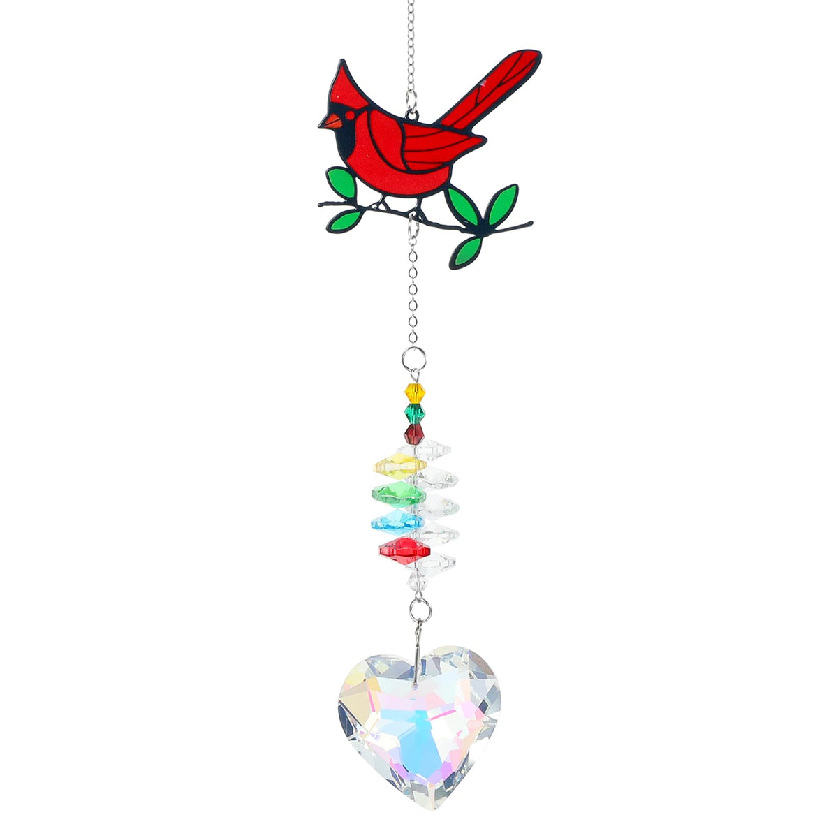 Tyqour crystal cardinal suncatcher with chain brightens a window with vibrant red color