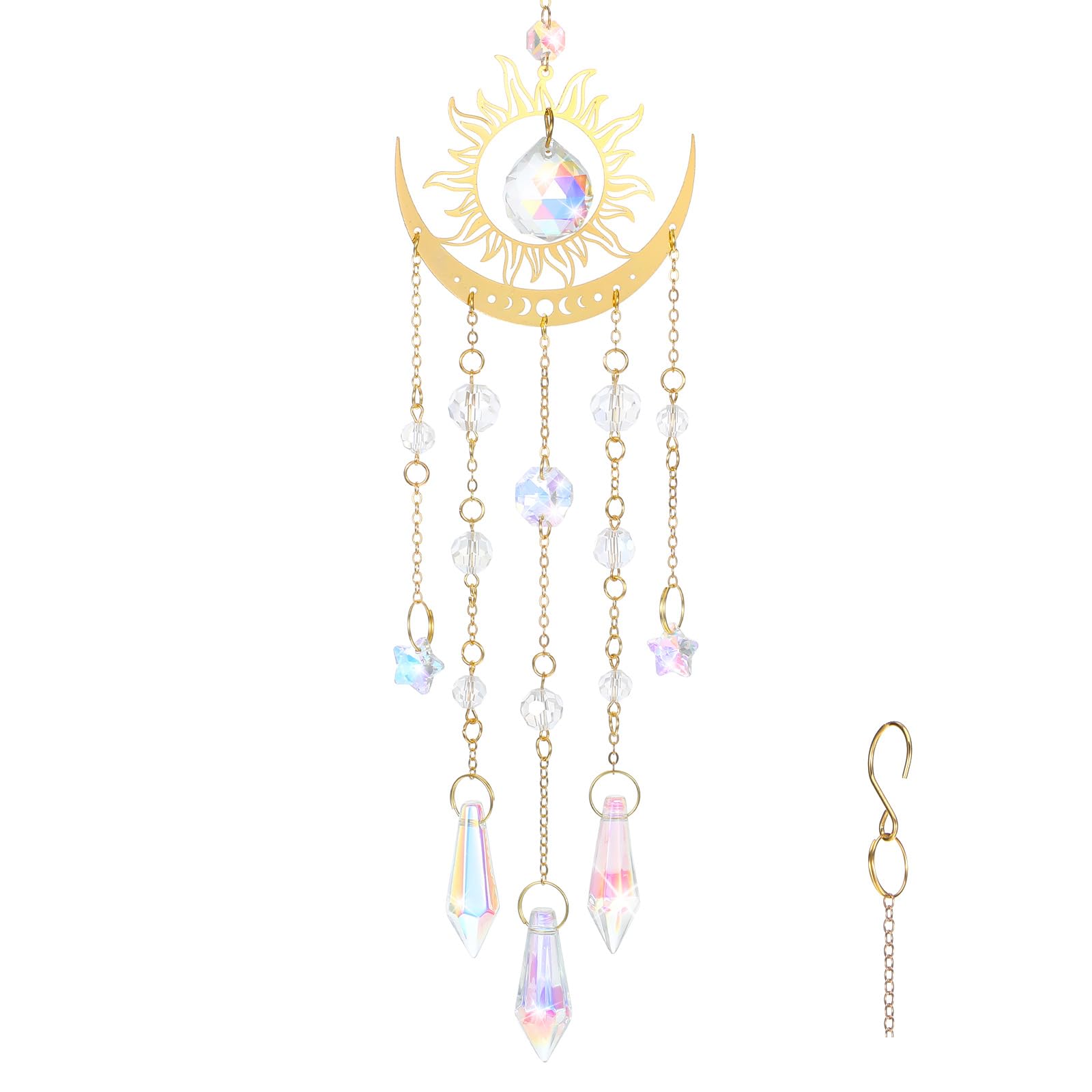 Tyqour crystal suncatcher with a gold flame moon pendant catching sunlight indoors to reveal a rainbow.