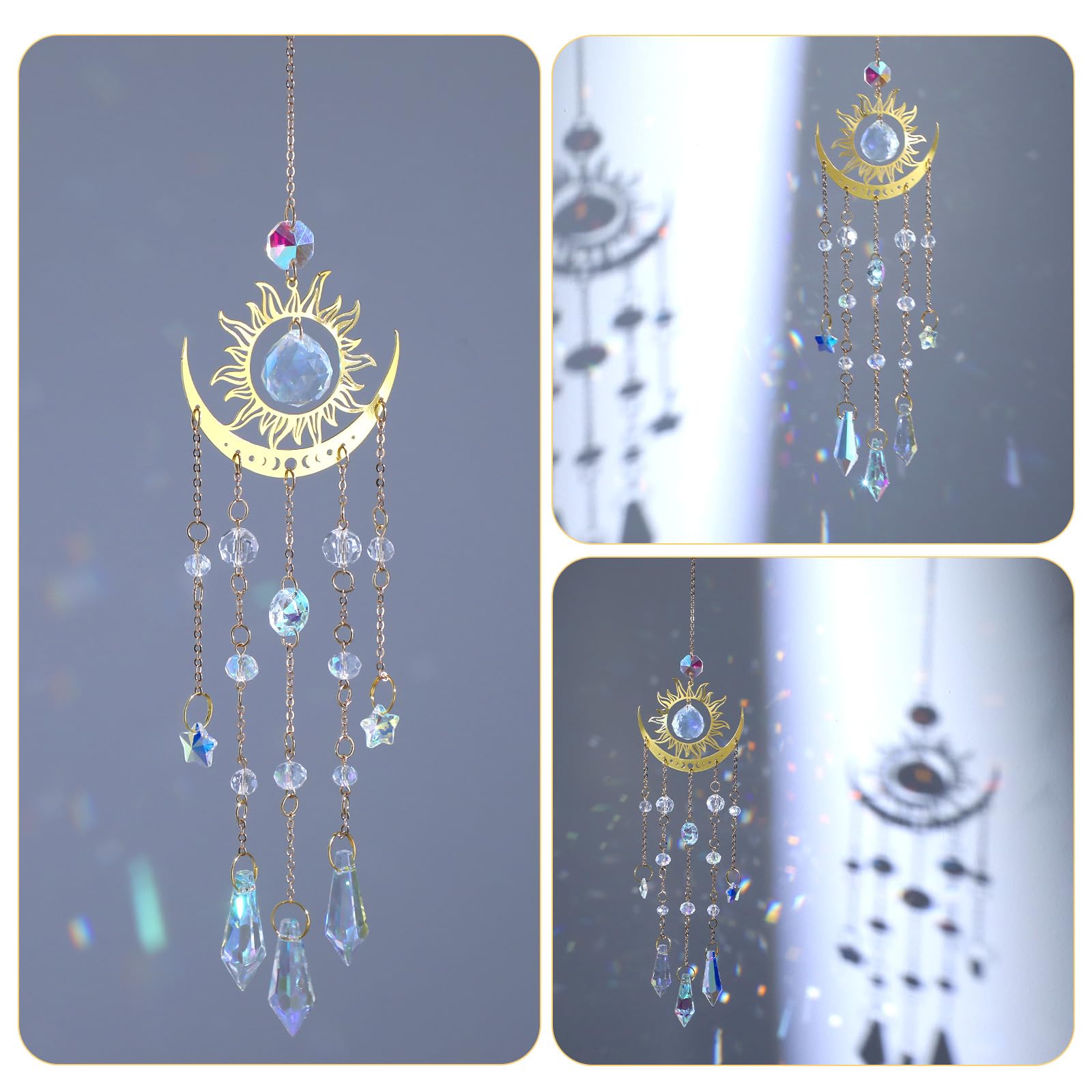 Tyqour sun catcher indoor window creates captivating color reflections across walls and curtains.
