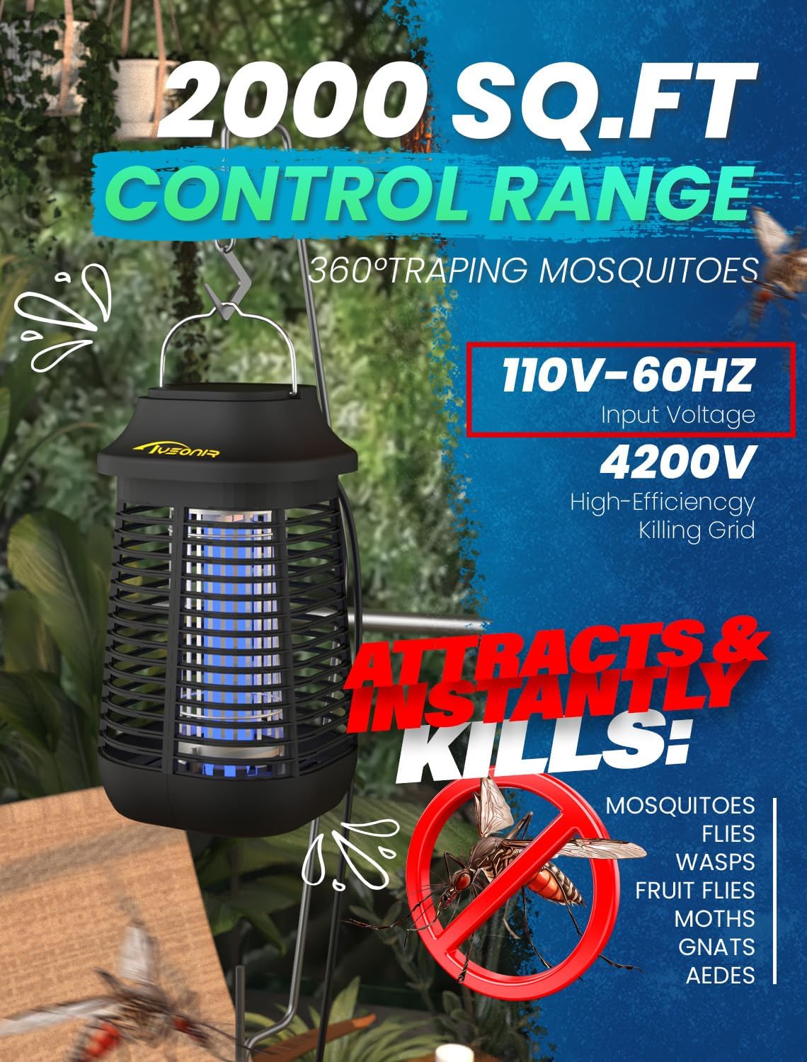 Tysonir Bug Zapper 4200V weatherproof casing protecting operation in any weather