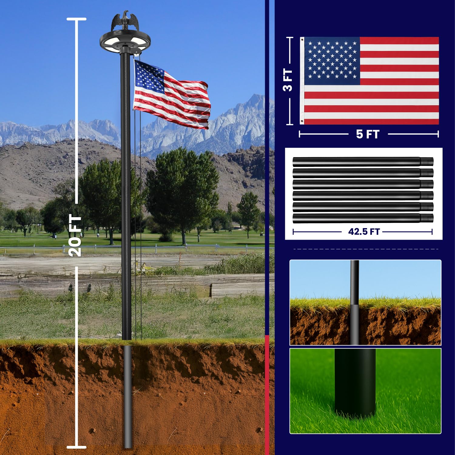 All-weather matte black finish on Tzechkii pole resists corrosion for long-lasting display.