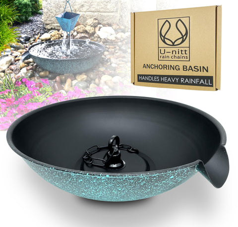 U-nitt 12in spill bowl downspout anchoring secures a rain chain and collects roof runoff