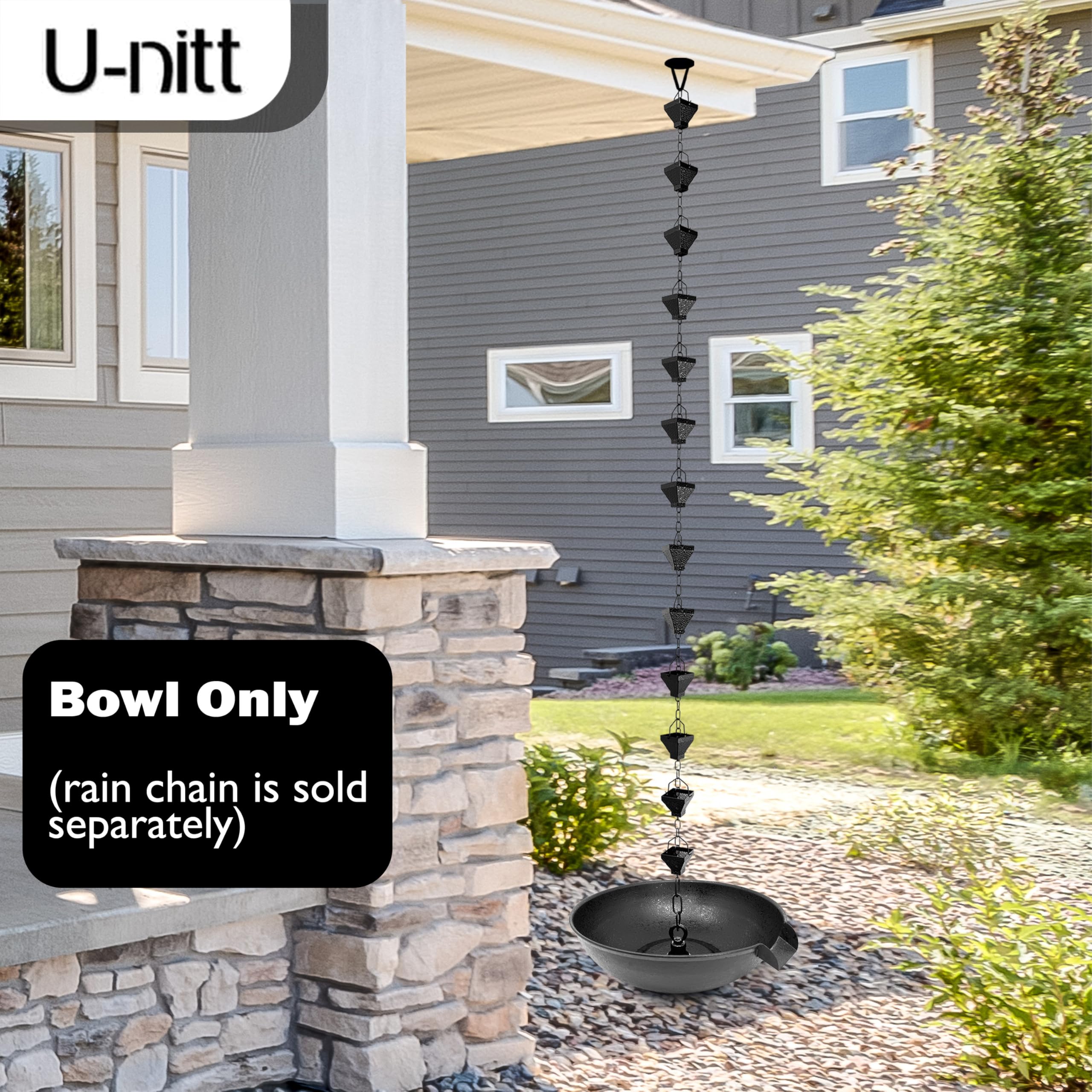 U-nitt birdbath display shows flowing rainwater as a charming garden feature