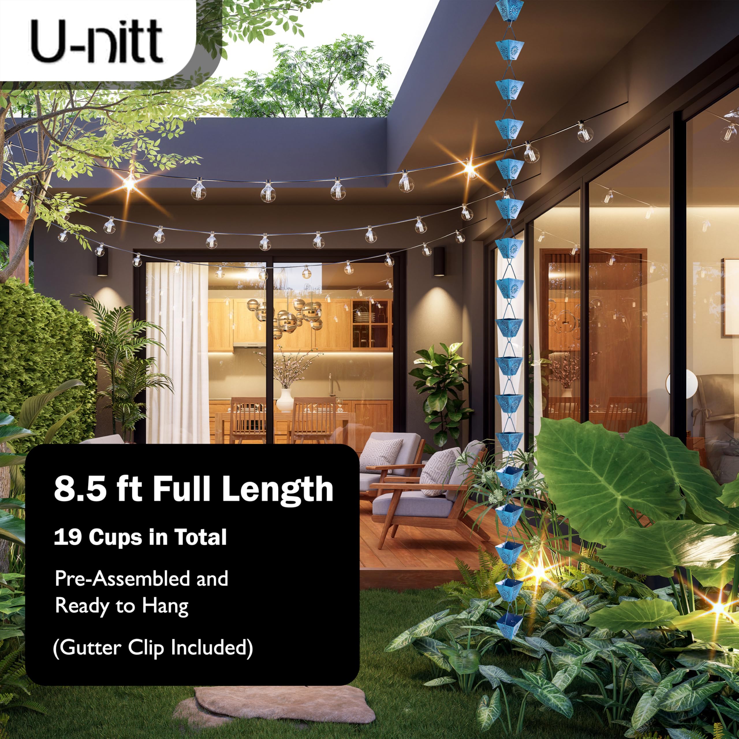 U-nitt 8.5 ft rain chain showing length and graceful waterfall