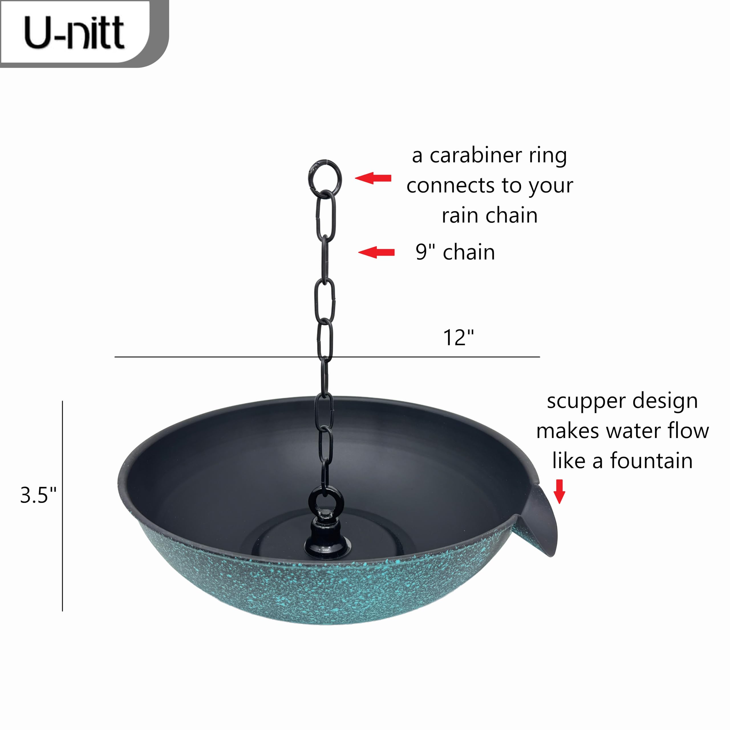 U-nitt rain chain basin closeup shows durable finish and spillway area
