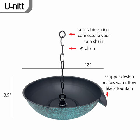 U-nitt rain chain basin closeup shows durable finish and spillway area