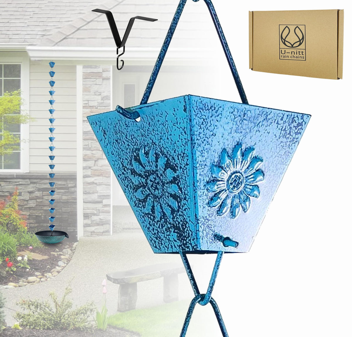 U-nitt rain chain with square cups guiding rainfall for a decorative water feature