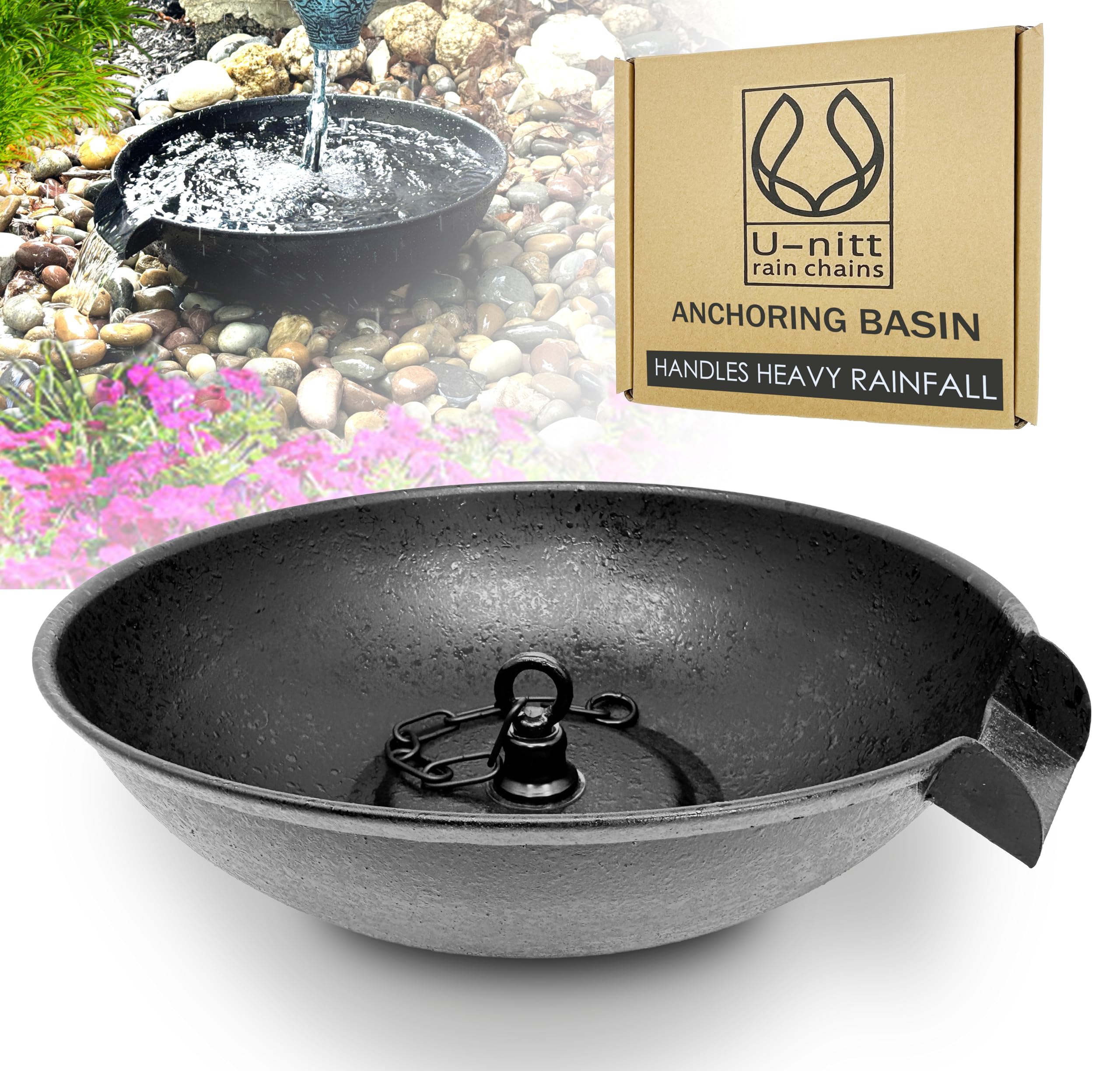 U-nitt spill bowl downspout anchoring provides secure rain chain support and water capture