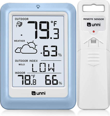 U UNNI indoor-outdoor thermometer display with clear temperature and humidity readings.