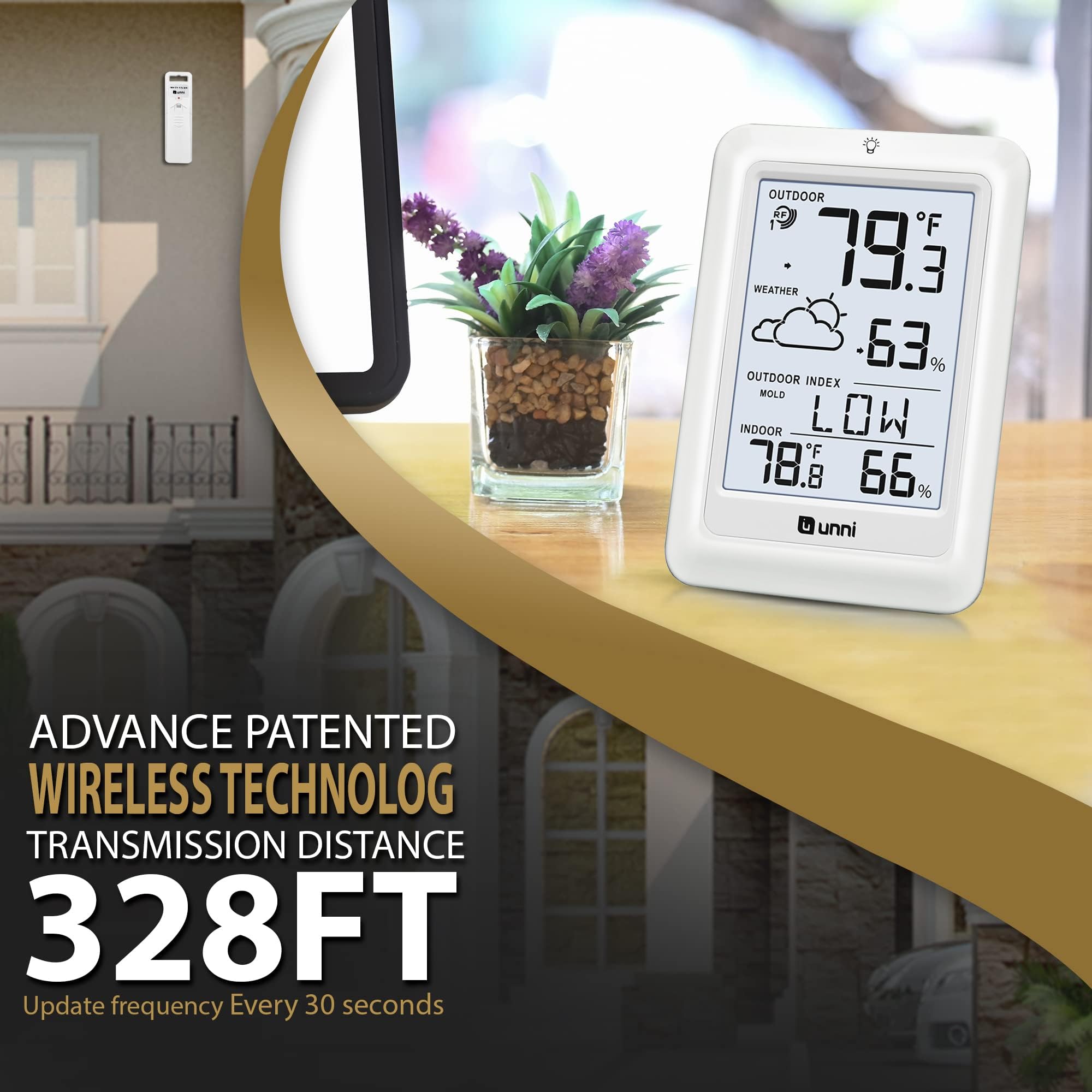 U UNNI outdoor sensor unit enabling long-range wireless monitoring up to 330 ft