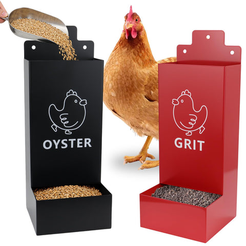 UAYNFY oyster shell and grit feeder mounted on coop wall, front view for easy dispensing.