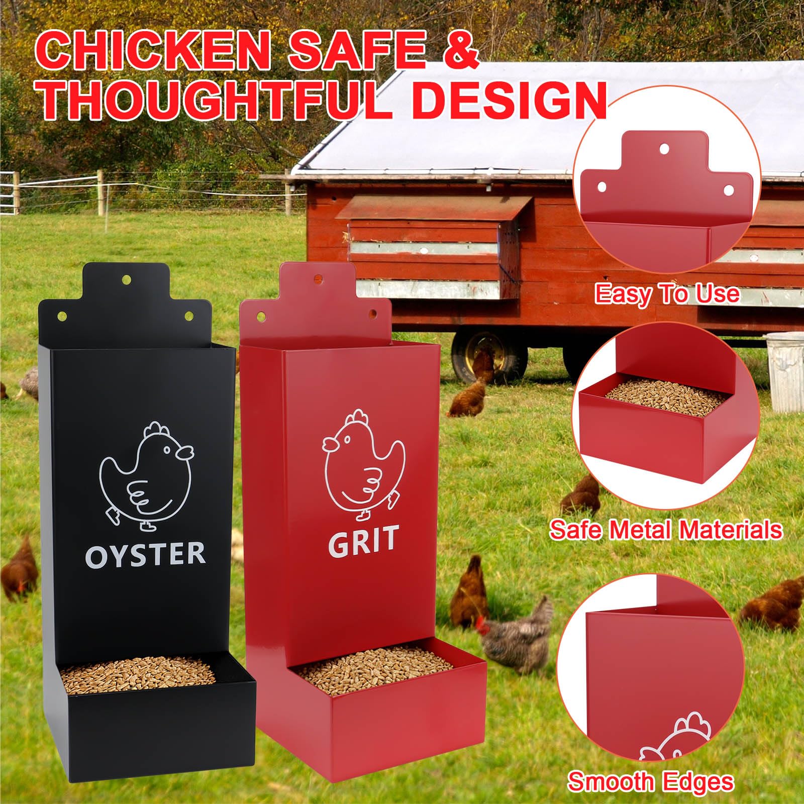 Close-up of oyster shell and grit flow from the 2-pack feeder reduces waste.
