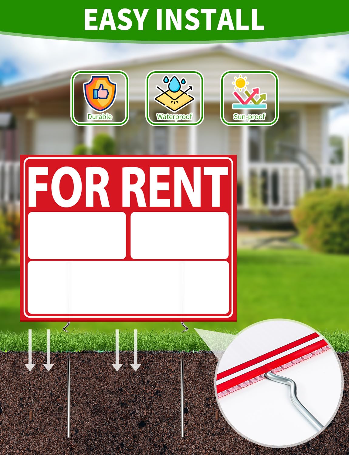 UAYVEBS Outdoor Durable PP Rent Sign withstands weather.