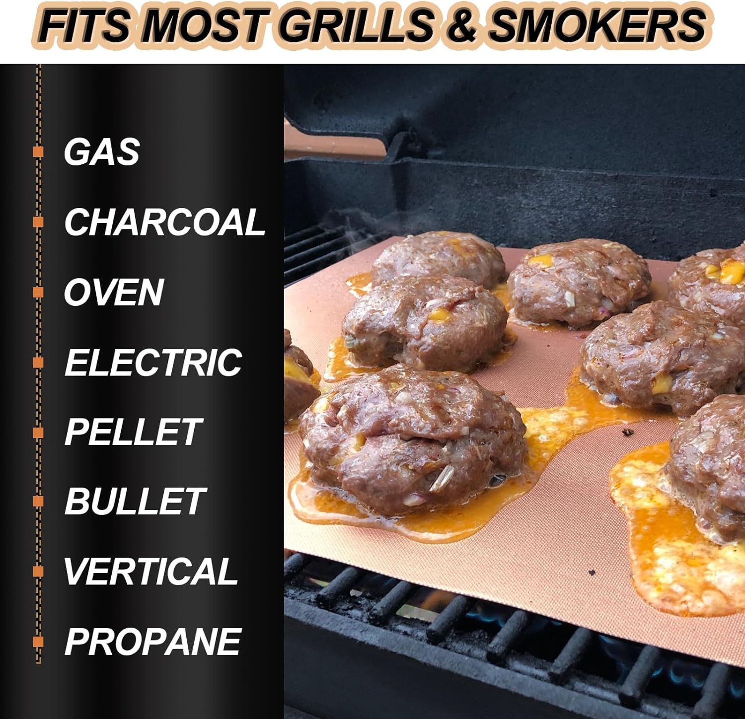 UBeesize copper grill mat showing compatibility with Char-Broil and Weber grills.