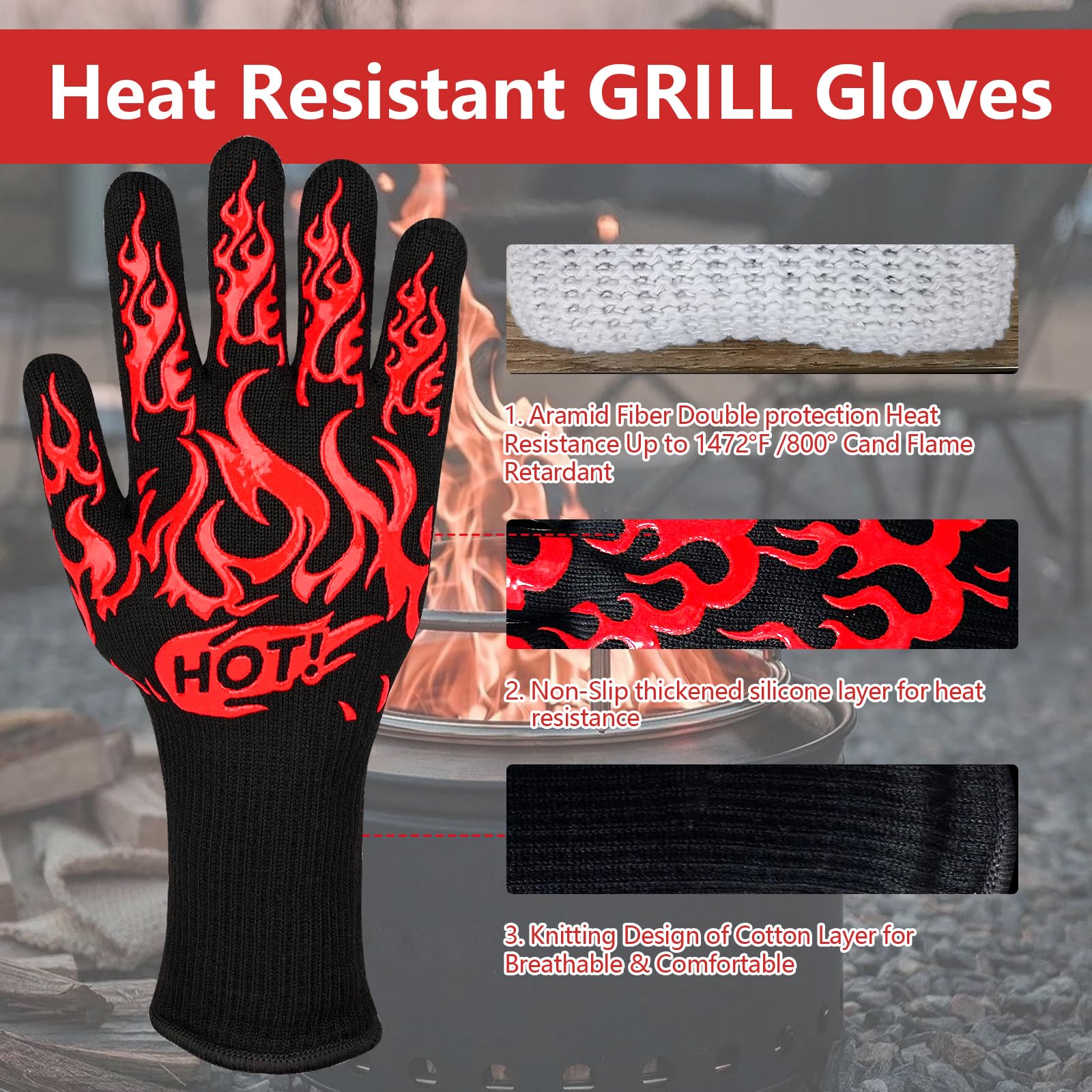 UBeesize Lengthen BBQ Gloves tested for heat resistance up to 1472°F.