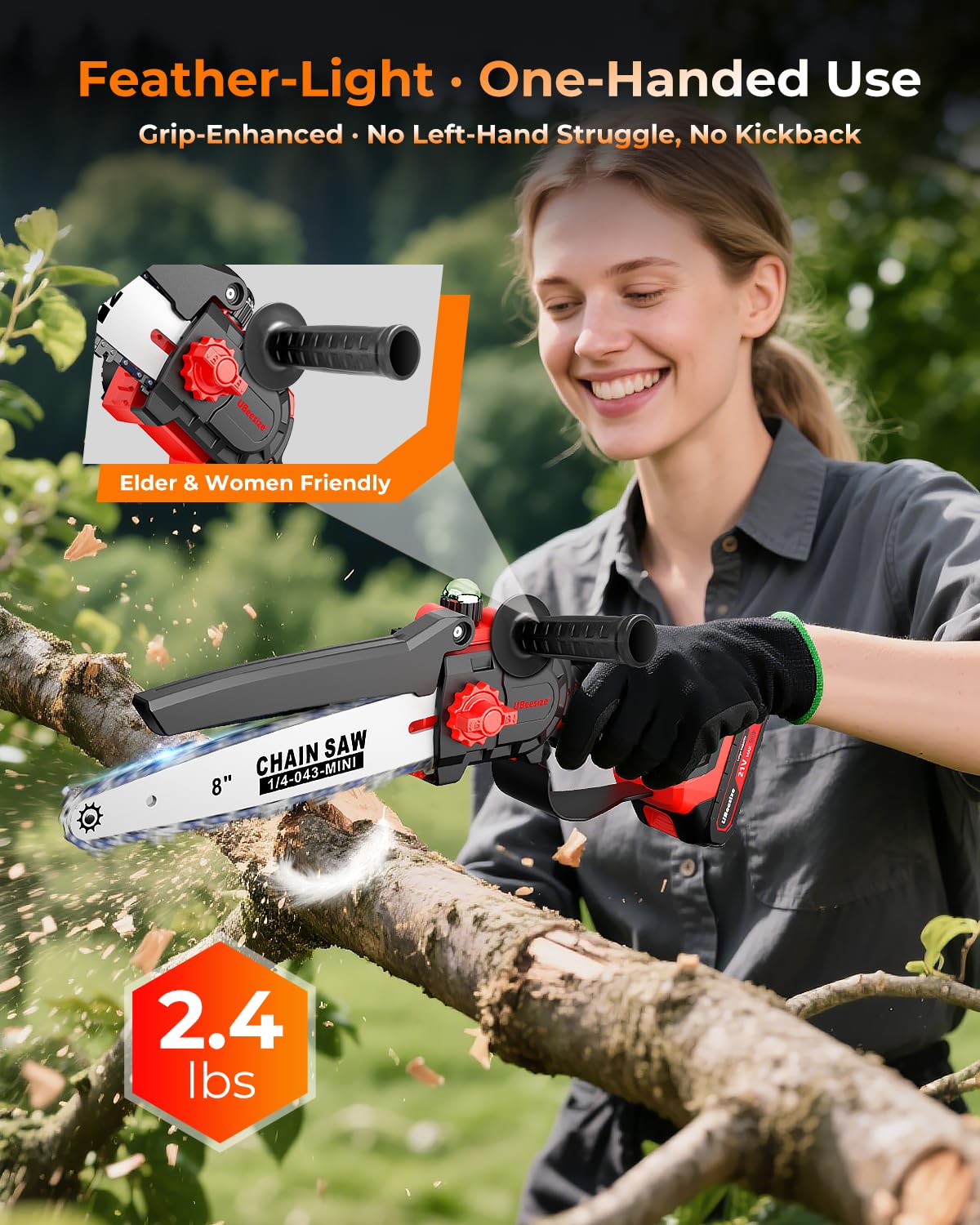 UBeesize Mini Chainsaw lightweight design with ergonomic handle reduces fatigue