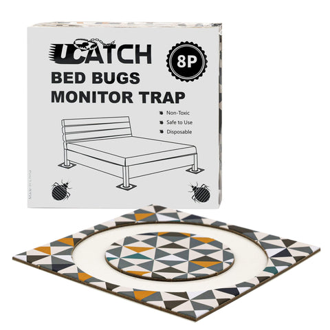 UCatch bed bug interceptors under bed legs provide continuous monitoring.