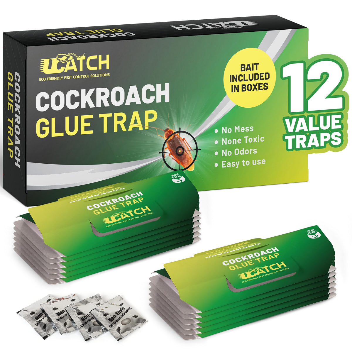 UCatch Roach Trap Indoor 12 Pack box front shows packaging and contents for a family-friendly pest solution.