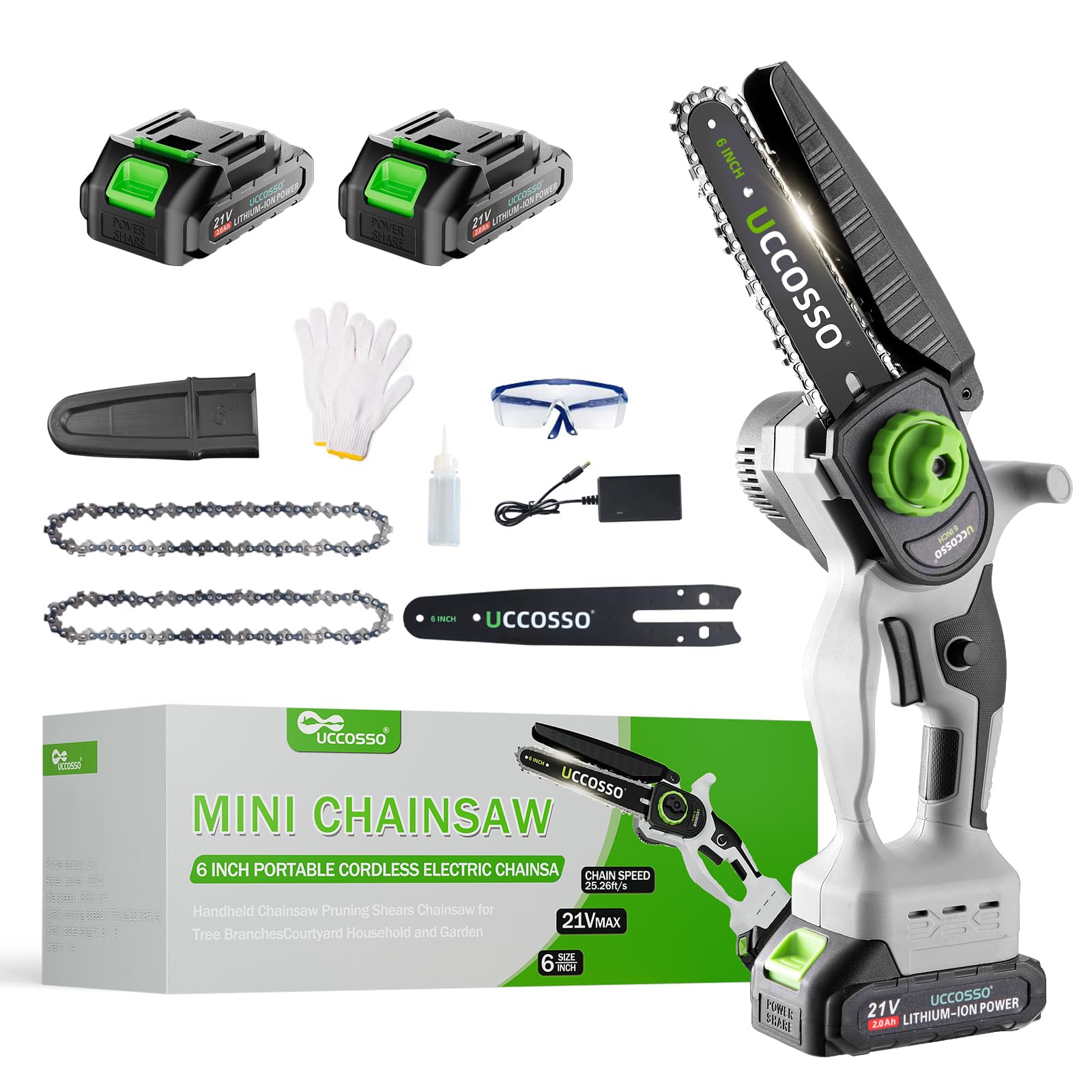 UCCOSSO 6-inch mini chainsaw front view showing lightweight design for easy handling.
