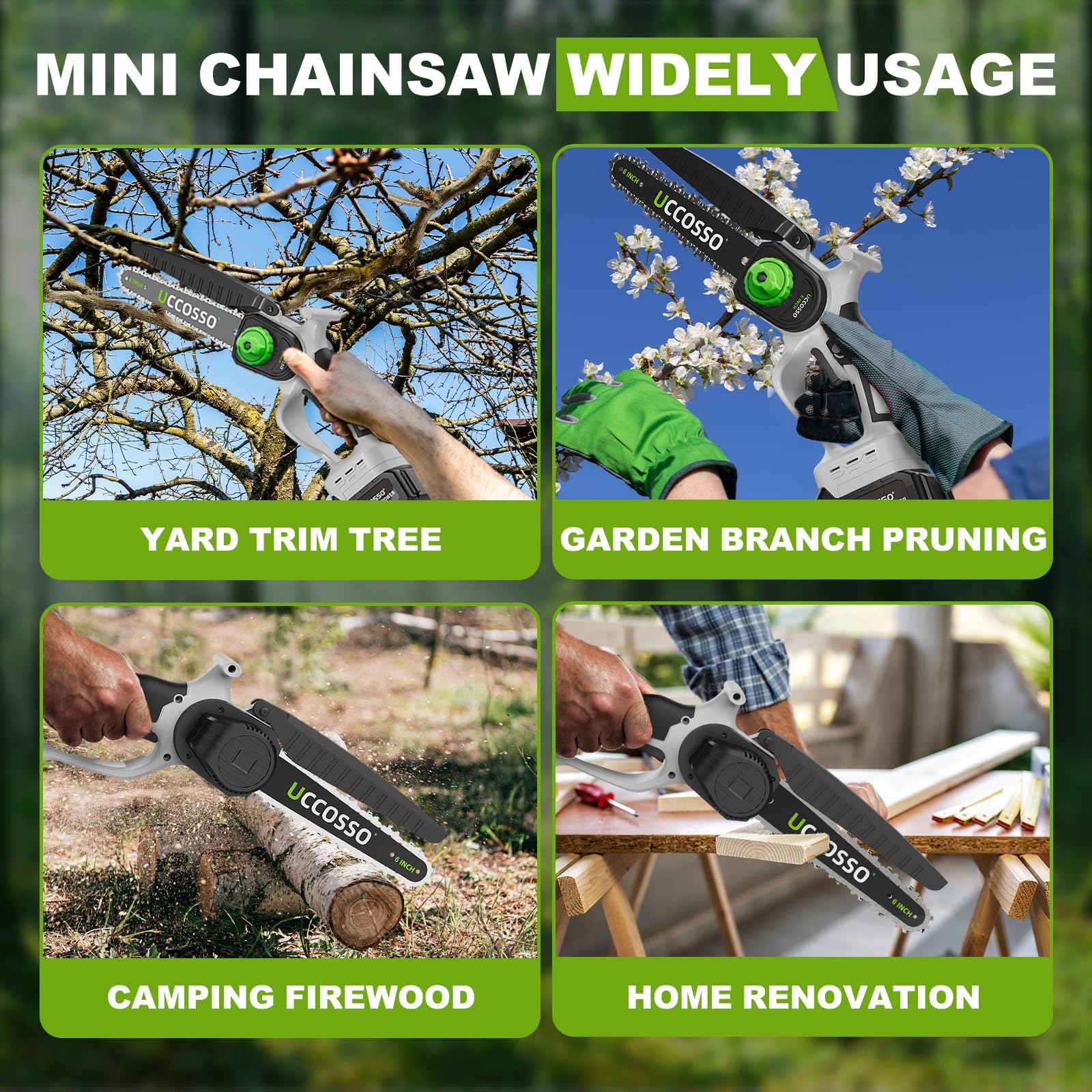 UCCOSSO garden-ready chainsaw in action for pruning shrubs and small trees.