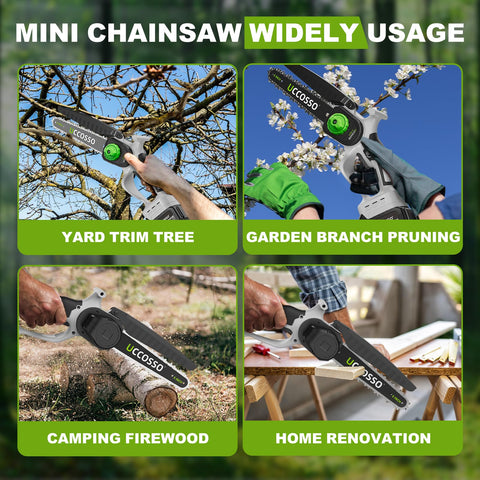 UCCOSSO garden-ready chainsaw in action for pruning shrubs and small trees.