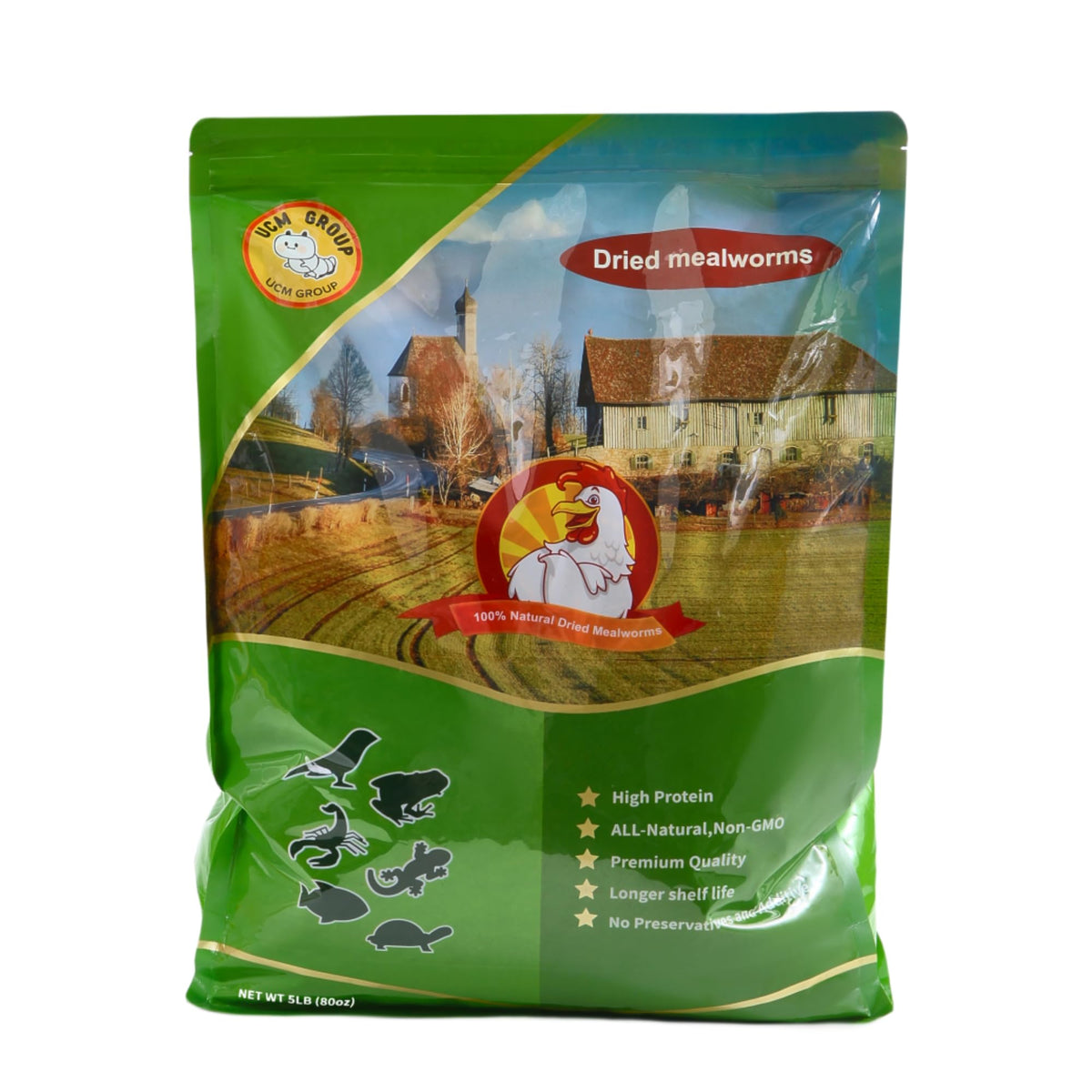 UCM Group 5LB Dried Mealworms bag closeup, dust-free protein treats for birds and mammals.