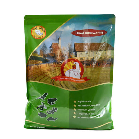 UCM Group 5LB Dried Mealworms bag closeup, dust-free protein treats for birds and mammals.