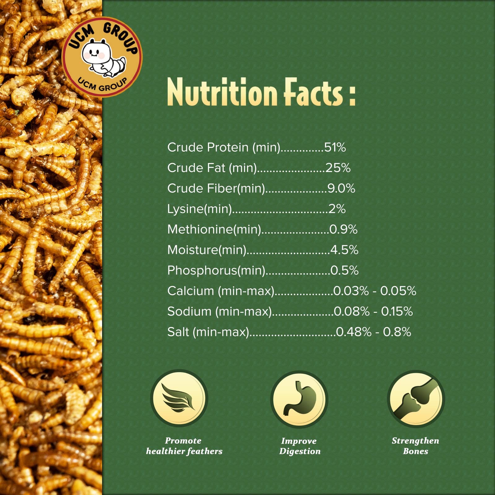 UCM Group 5LB Dried Mealworms resealable bag shown for easy storage.