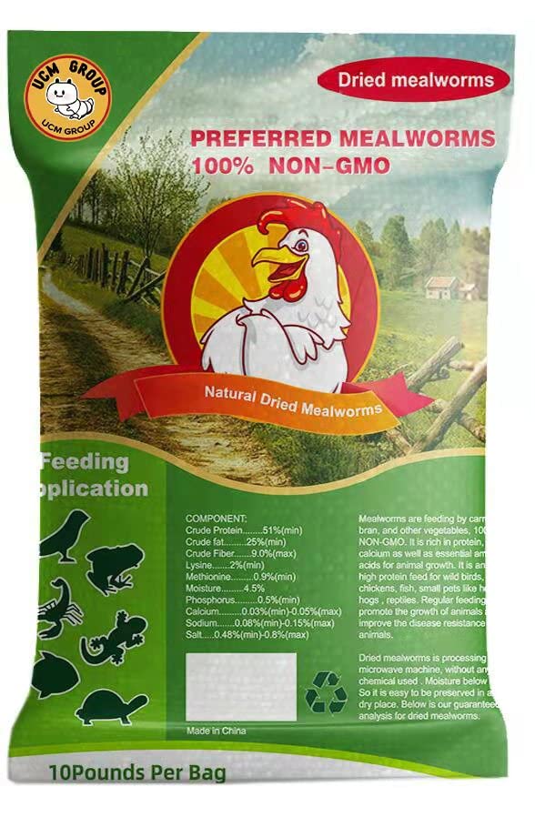 UCM GROUP dried mealworms package front, trusted feed for poultry and backyard birds.