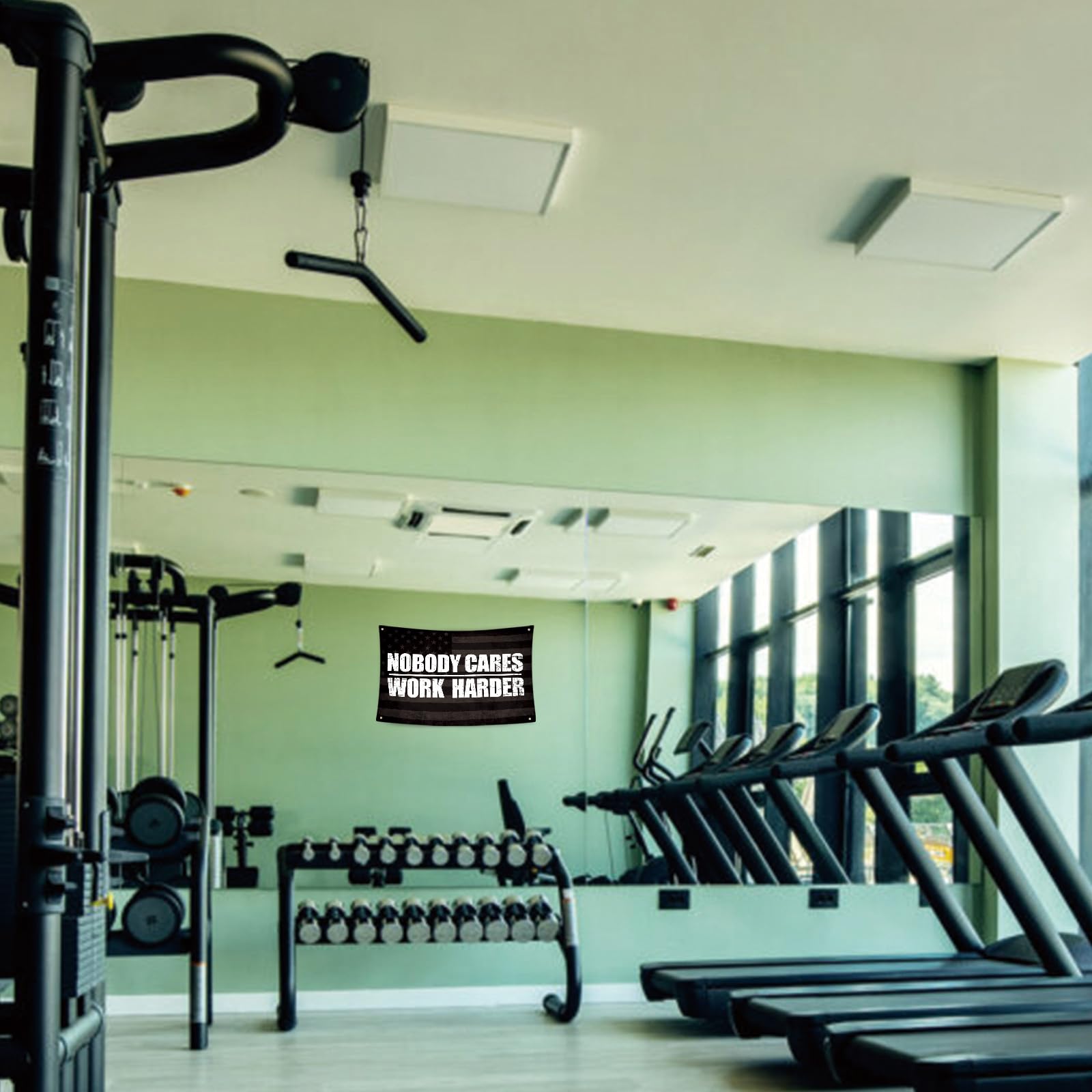UCNMWBJ Nobody Cares Work Harder flag home gym backdrop motivates daily routines.