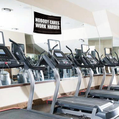 UCNMWBJ Nobody Cares Work Harder flag treadmill focal point enhances workouts.