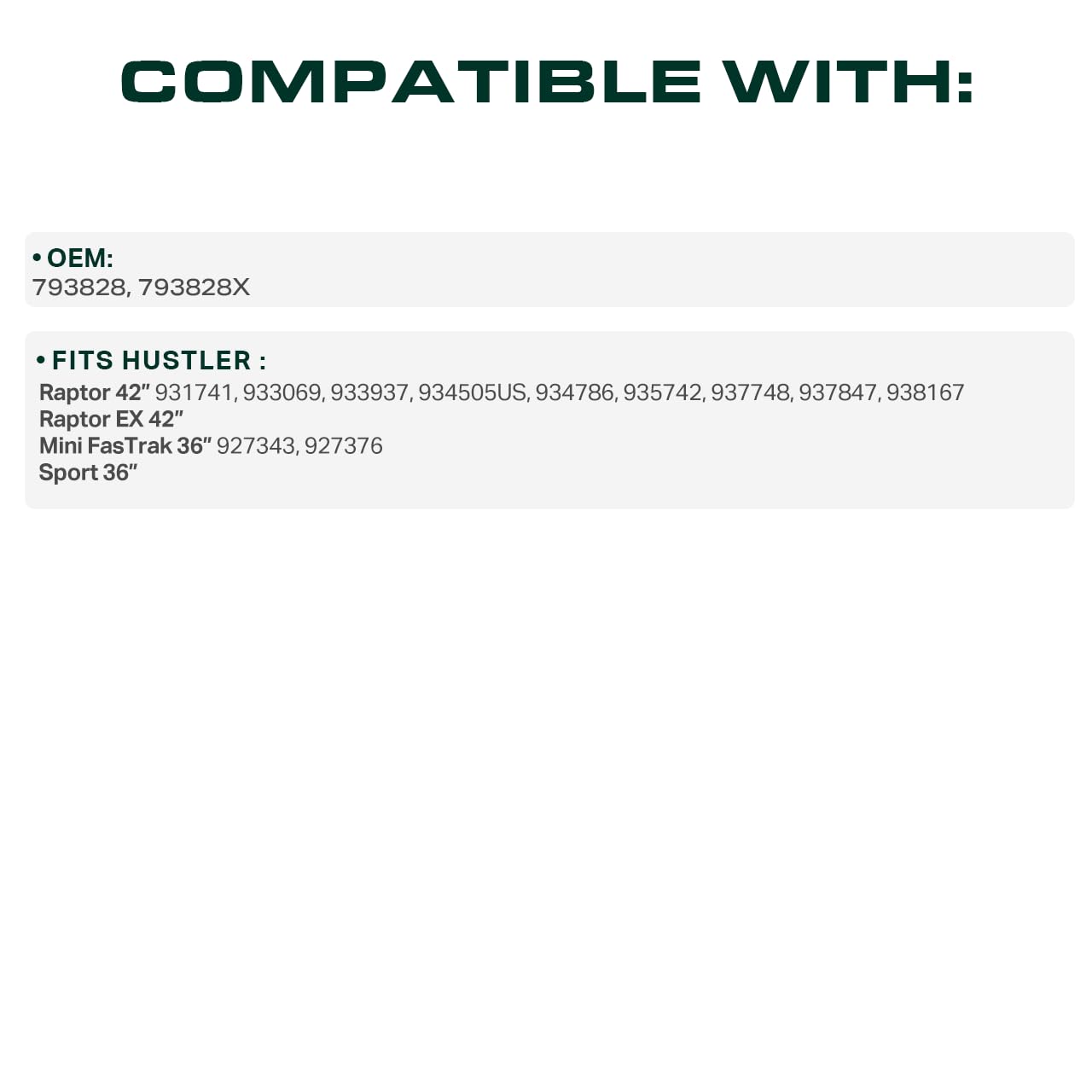UDC 116-inch deck belt length shown for high-tension performance on Hustler decks