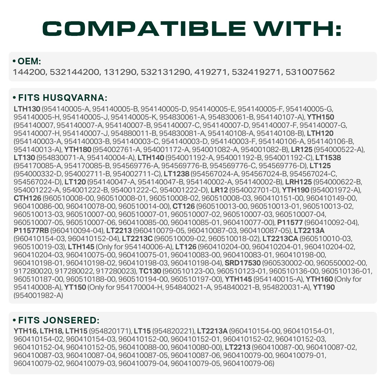 UDC Mower Belts 144200 matching Husqvarna LT130 deck compatibility