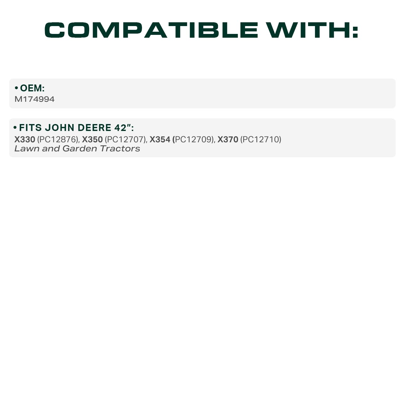 UDC Mower Belts 42-inch deck compatibility supports X330–X370 tractors.