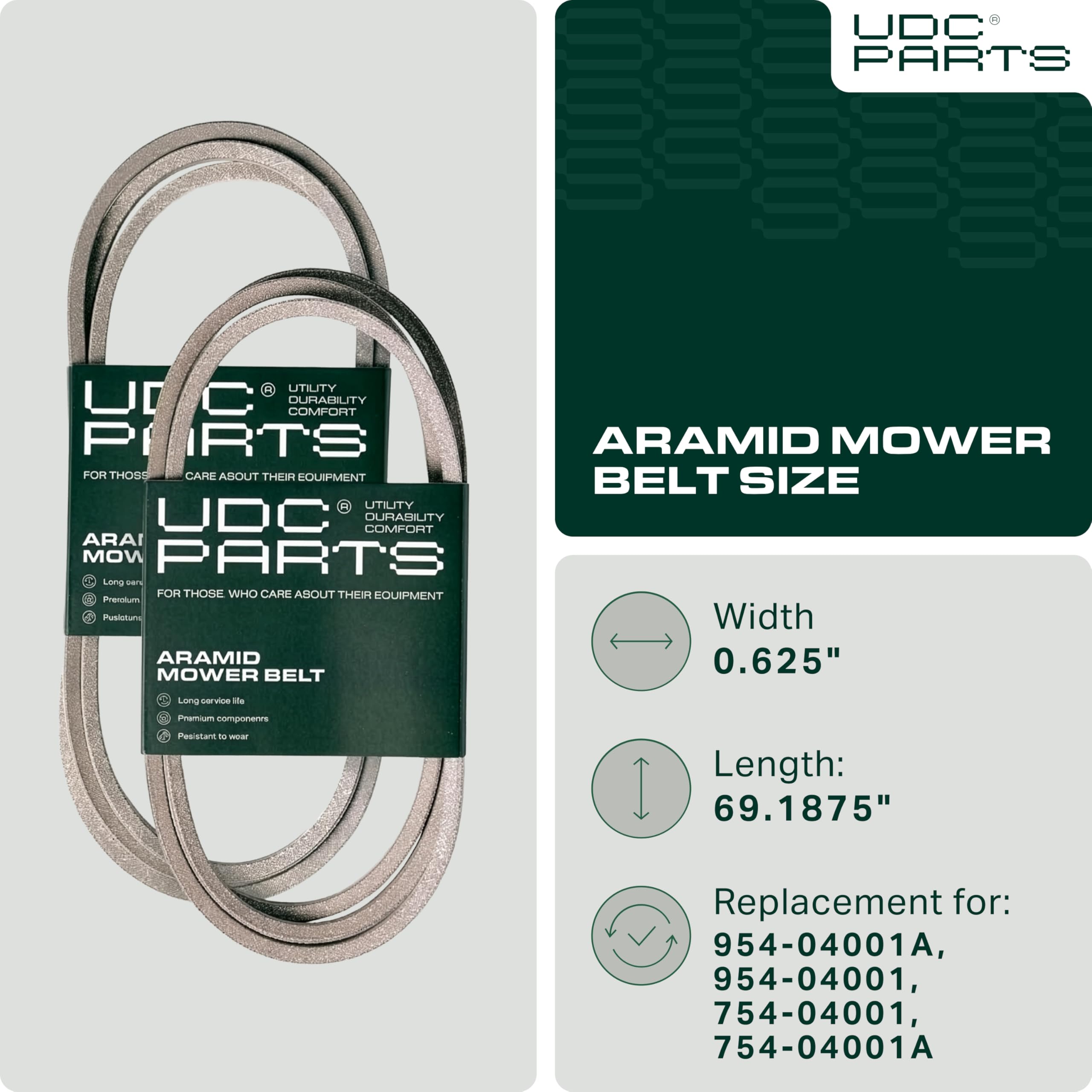 UDC Mower Belts compatibility chart image highlights broad OEM coverage for extended mower compatibility.