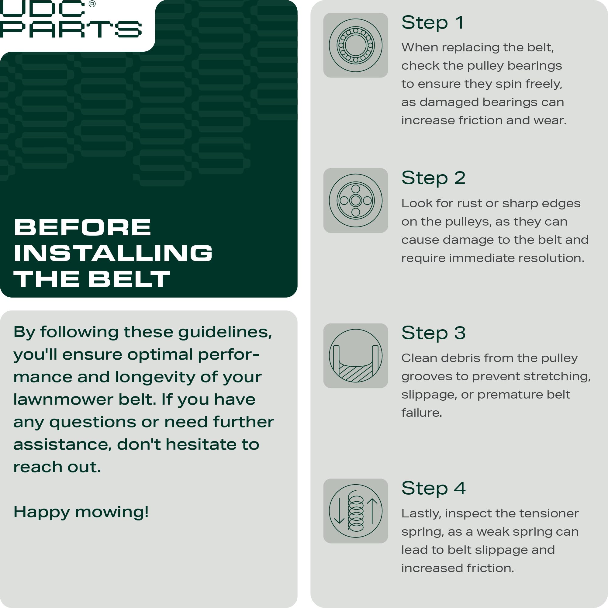 UDC Mower Belts 490-501-M019 compatible with MTD units for dependable fit.