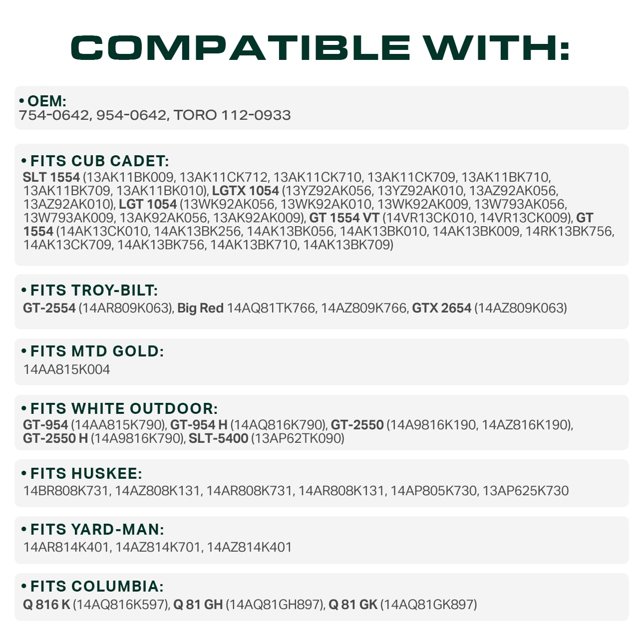 UDC Mower Belts SLTX1054 SLT1554 54in deck compatibility.